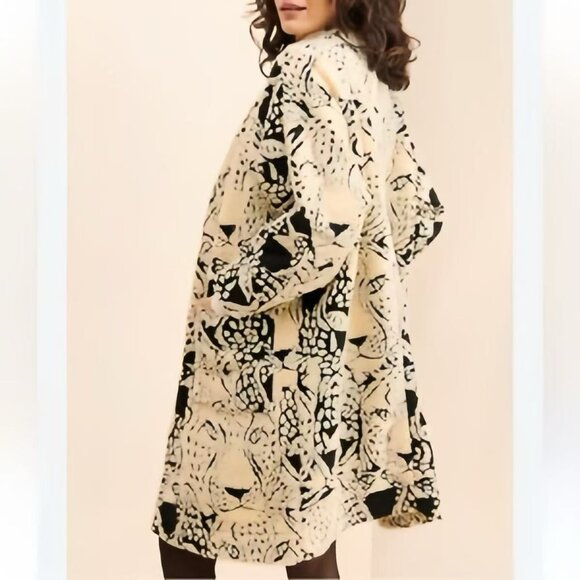 NWOT Farm Rio Midnight Leo Long Cardigan Wool Blend Coat Size XL Black Cream - Picture 2 of 14